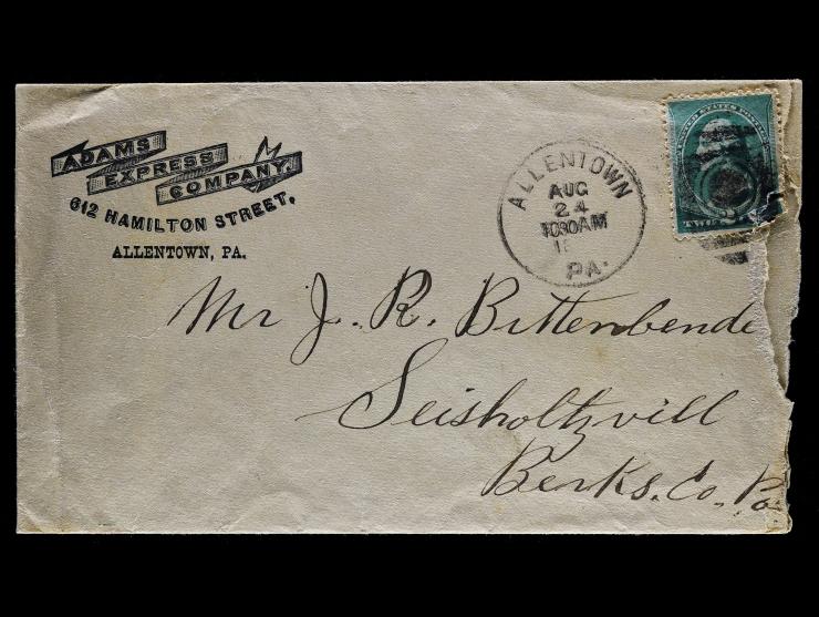 Adams Express Company, Company Corner Card, #213, 2c Green, Tied on Cover to Pennsylvania