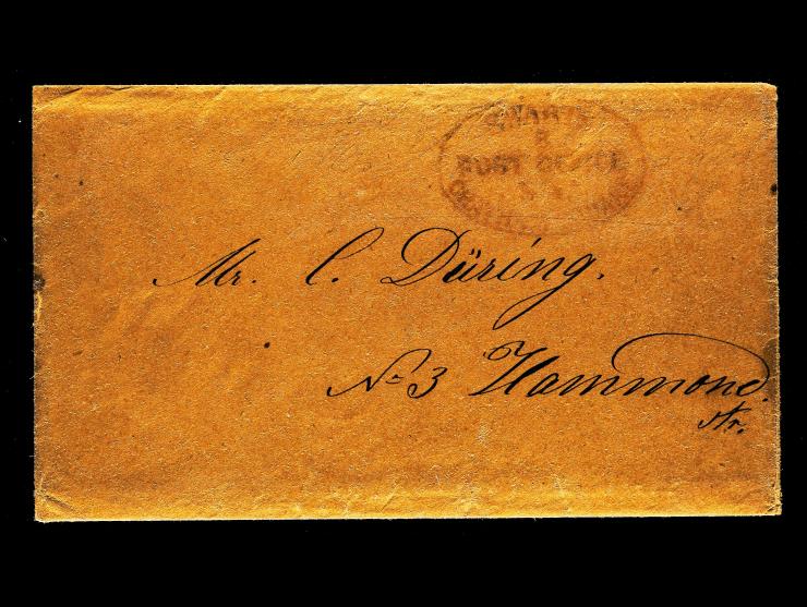 Swart's City Dispatch Post, Red Chatham Square Oval Handstamp, on Stampless Cover with Ornate Letter