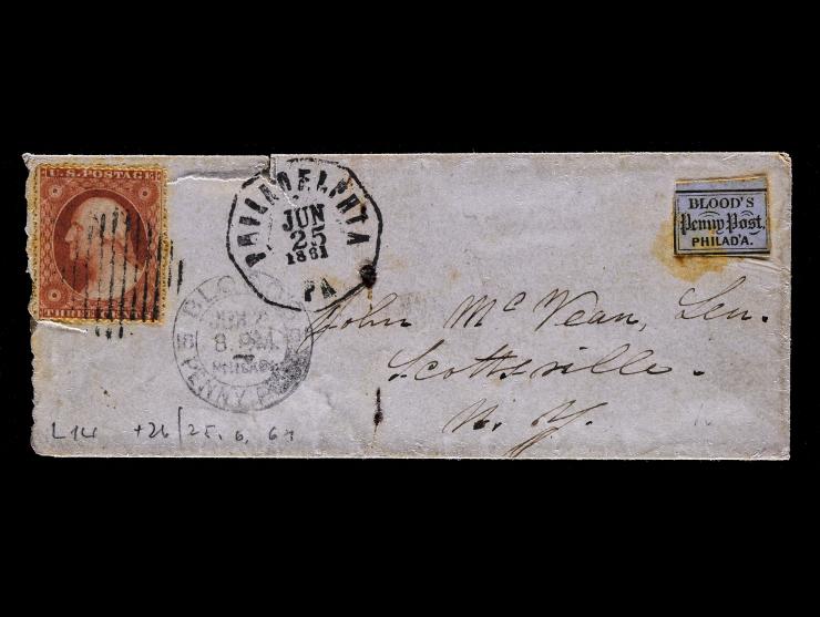 D.O. Blood & Co., 15L14, 1c Bronze on Lilac, Acid Tied on Cover with #26 3c Dull Red Tied by Grid Cancel on Cover to New York