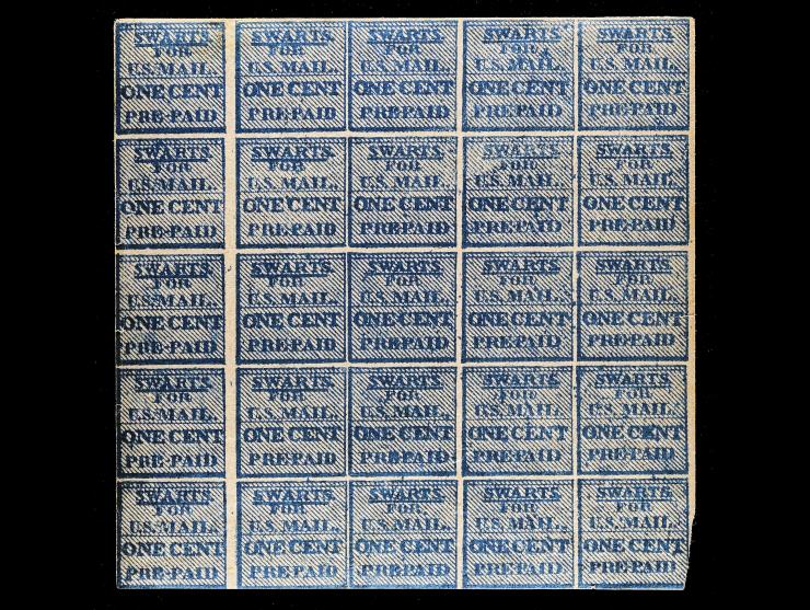 Swart's City Dispatch Post, 136L14, 1c Blue, Block of 25