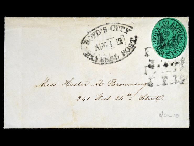 Boyd's City Express, 1854, 2c Black on Green, 20L10, Die Cut, Tied on Cover by "PAID J.T.B."