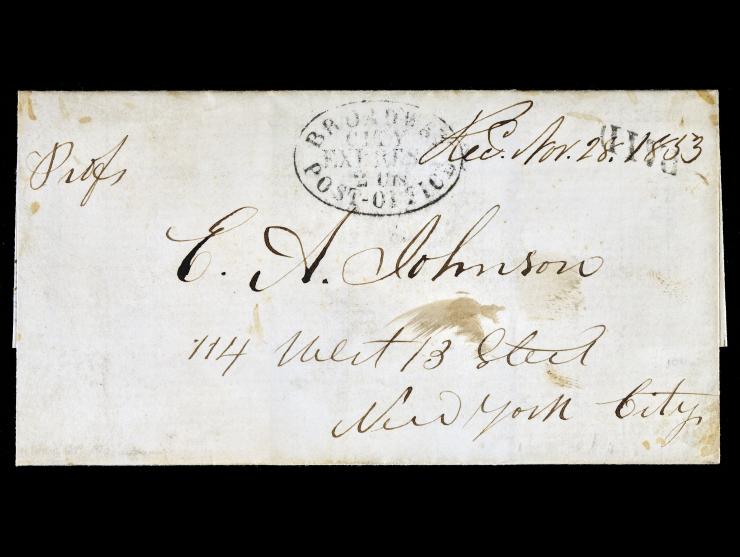 Broadway Post Office, Oval Compy Handstamp, Stampless Cover to New York