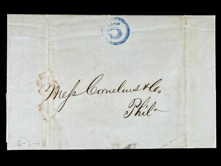 Broadway Post Office Handstamp and Blue Philadelphia Circular "5" Handstamp (Clarke 1404), on 1848 Cover