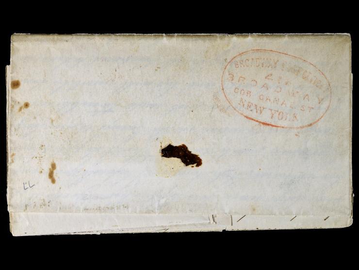 Broadway Post Office, Red Company Oval on Reverse, 1848 Folded Letter