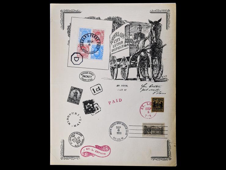 Illustrated Page Featuring Squires Block of Four, St. Louis Local Posts and Carriers