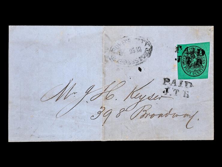 Boyd's City Express, 20L10, 2c Black on Green, on 1854 Cover, Tied by "PAID J.T.B"