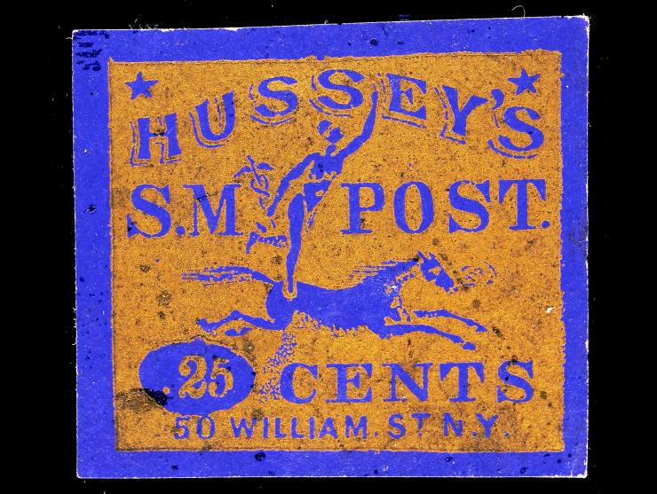 Hussey's Post, 87LE5, 25c Gold on Blue, Plate I
