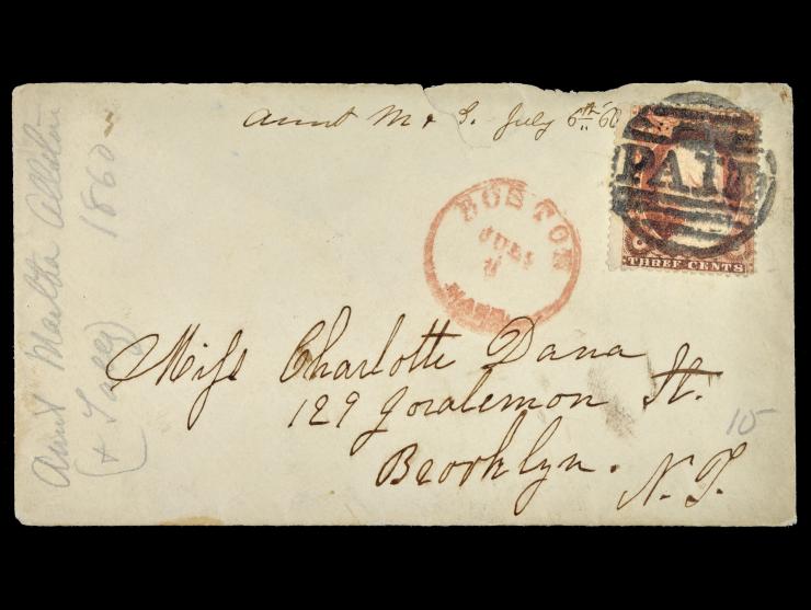 #26 3c Red Tied by Boston PAID" Grid with Red Boston Carrier cds on 1860 Cover to New York