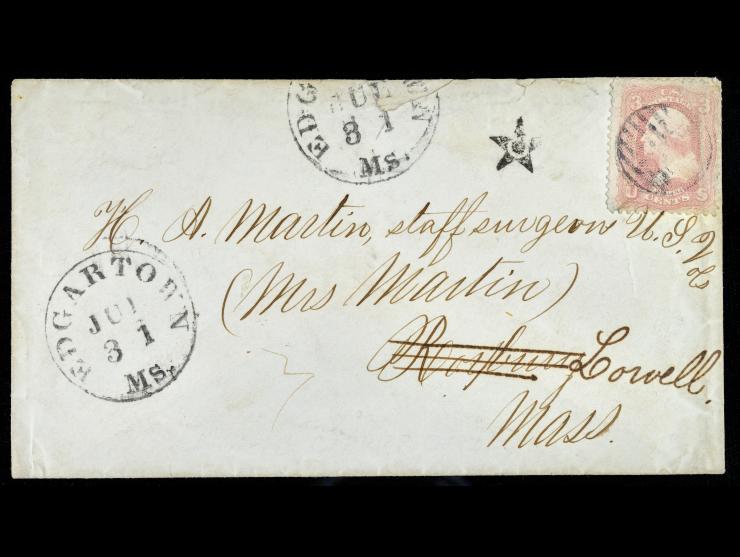 #65 3c Rose, Lowell Mass Carrier Fancy Star Cancel, on Cover