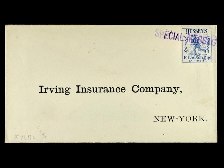 Hussey's Post, 87L70, 1878 Blue, Tied by Purple "Special Message" Handstamp, on Cover