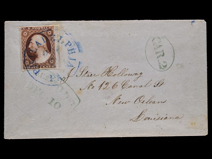 1851 3c Dull Red #11 Tied on Cover, New Orleans Oval "Car.2" and Green "City Post" Shovel of New Orleans
