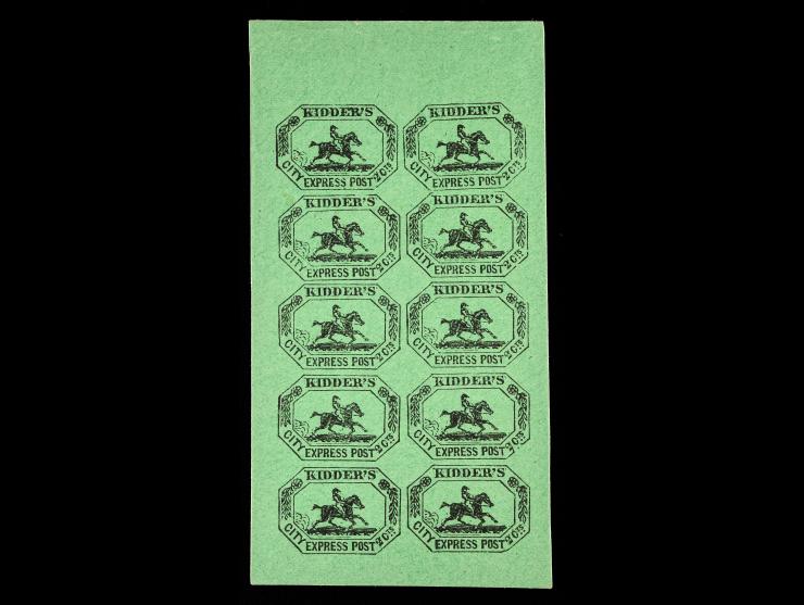Kidder’s City Express Post, 93L1, 2c Black on Blue, Reprint Pane Of 10