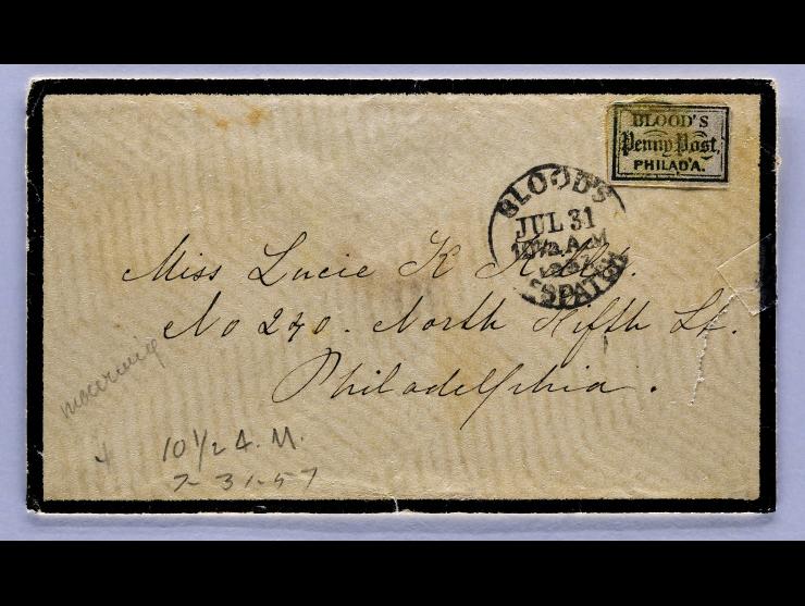Blood's City Despatch, 1852, 1c Blue on Pink, Tied on Mourning Cover