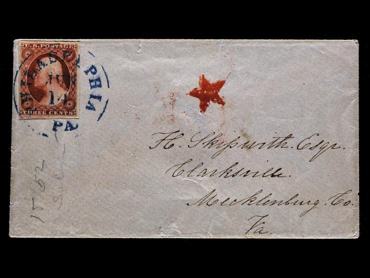 #11 3c Dull Red, Tied on 1852 Cover with Philadelphia Red Star (Clarke 1153a)