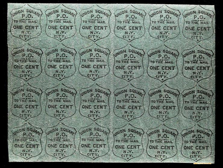Union Square Post Office, 141L1, 1c Black on Dark Green, with Gum