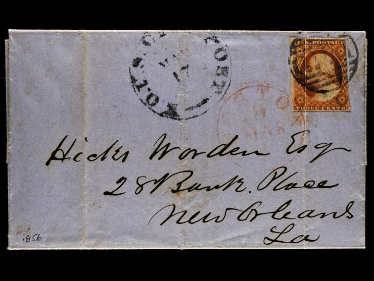 New Orleans City Post, #11 3c Dull Red, Tied by Boston PAID Grid on 1856 Cover