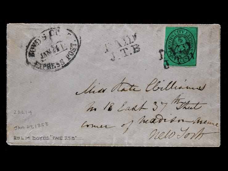 Boyd's City Express, 1857, 2c Black on Green, 20L14 on Cover to New York