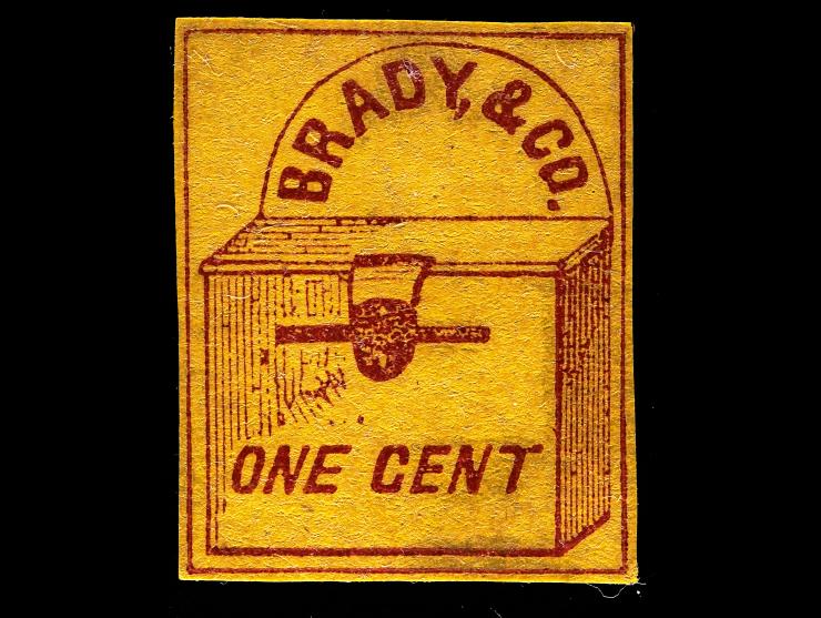 Brady & Co, 1857 1c, Red on Yellow, 22L1, Unused, No Gum
