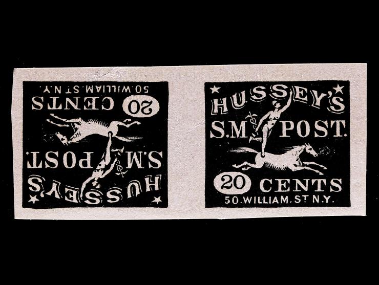 Hussey's Post, 87LE4, 15c Gold on Black, Unused, Tete-Beche Pair, Unlisted