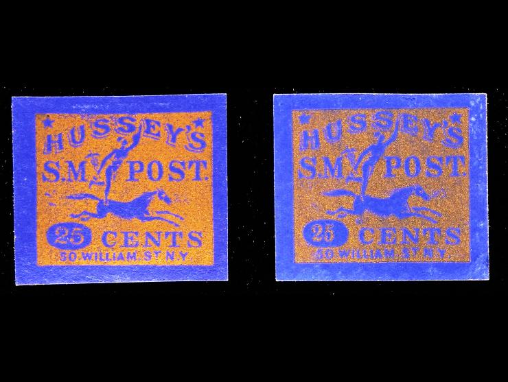 Hussey's Post, 87LE5, 25c Gold on Blue, 2 Unused Singles