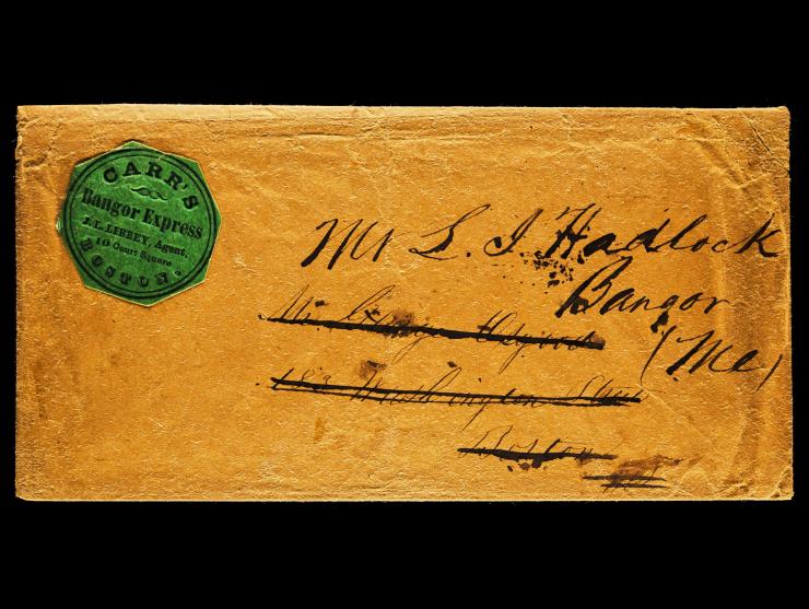 Carr's Bangor Express, Black on Green Circular Label (Mosher CARX-L4) on 1852 Cover to Bangor