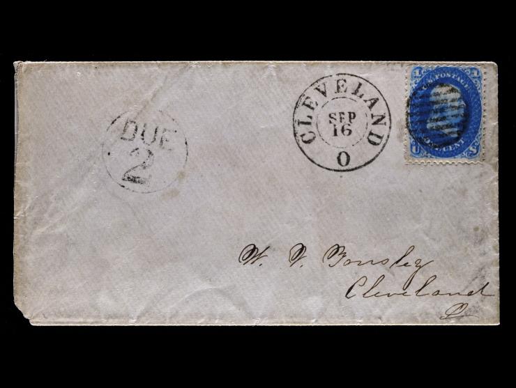 #63 1c Blue, on Cleveland, Ohio "DUE 2" Cover