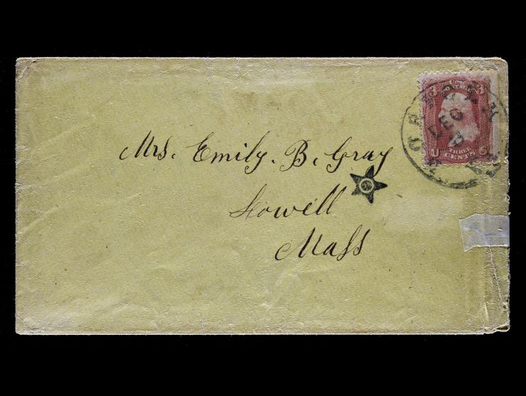 Lowell, Mass, Black Carrier Star on with #64 3c Dull Red Tied on Cover