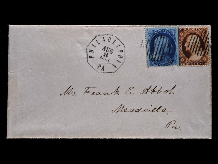 #26 3c Dull Red and #24 1c Blue, Tied on 1861 Cover Cover from Philadelphia to Meadville, PA