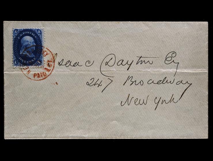 #63, 1c Blue, Tied on New York City Carrier Cover