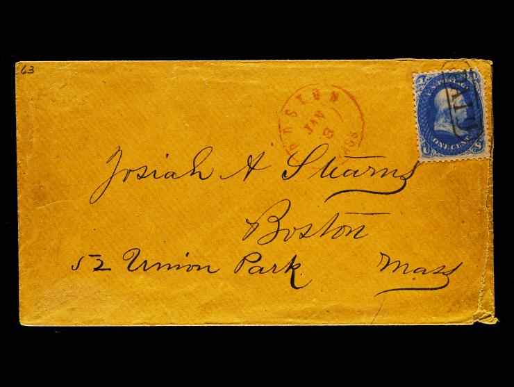 #63 1c Blue on Boston Carrier Cover, Tied by "PAID Obliterating Cancel