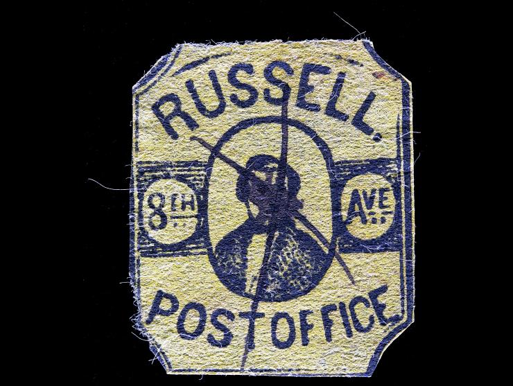 Russell’s 8th Avenue Post Office, 2c Black on Yellow, 130L2, Used, Cut to Shape, ms Cancel