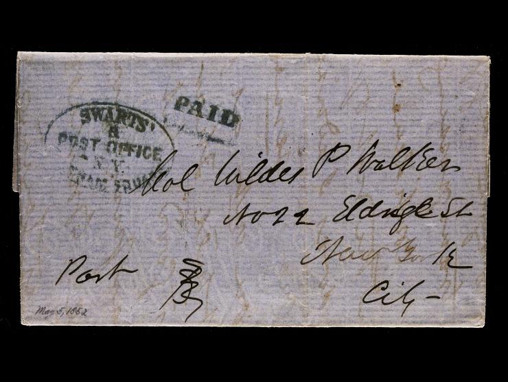 Swart's Post Office, Blue Oval Company Handstamp and "PAID" Straightline, on 1852 Stampless Cover