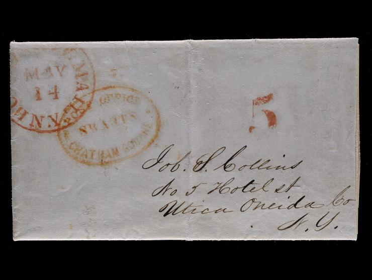 Hudson River Mail and SWART'S CHATAM SQUARE POST OFFICE" Handstamps on 1849 Folded Letter, Swart's Due 5