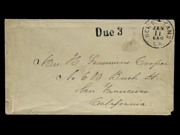 New Orleans, LA "Due 3" Stampless Cover to San Francisco with Carrier Marking