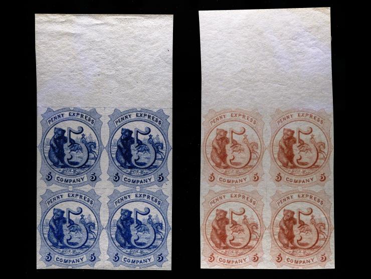 Penny Express Co., 5c Blue and 5c Red,114L2-114L3, Unused, Top Margin Blocks of 4