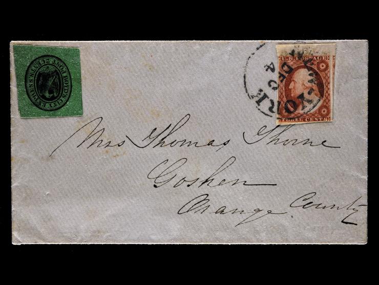 Boyd's City Express, 1855, 2c Black on Olive Green, 20L11 with #11a 3c Dull Red on Cover to New York