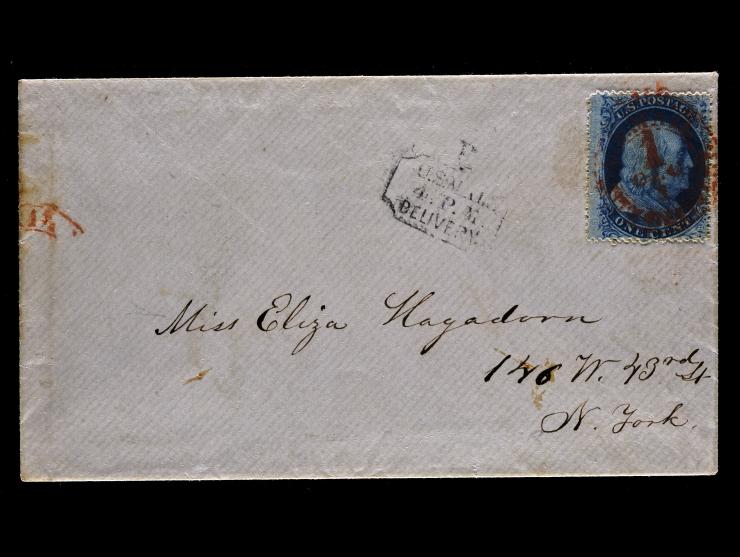 #24 1c Blue, Tied on Cover by Red U.S. Mail City Delivery Handstamp, Matching Black "U.S. Mail 4 PM Delivery"