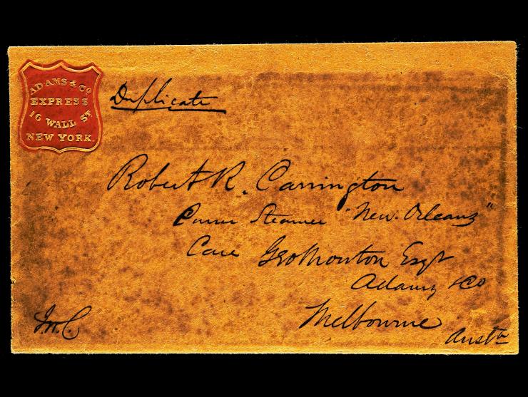 Adam's Express Company, Embossed New York Shield Corner Card, to Melborne, Australia