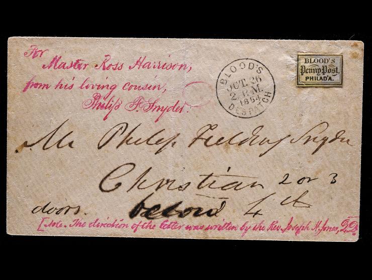 Blood's Penny Post, 1c Blue on Pink, Acid Tied on 1854 Local Cover,
