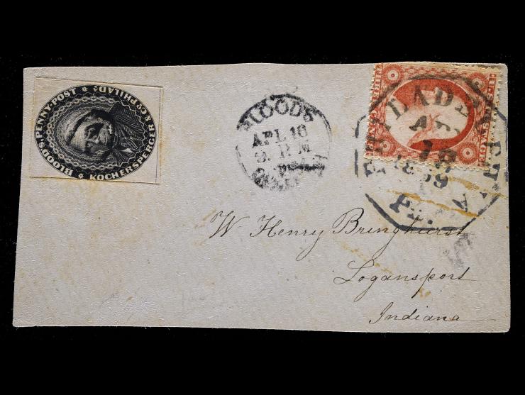 Blood's Penny Post, 1858, 1c Black, Canceled by Black "1" in Frame, With #26 3c Dull Red on Cover Front