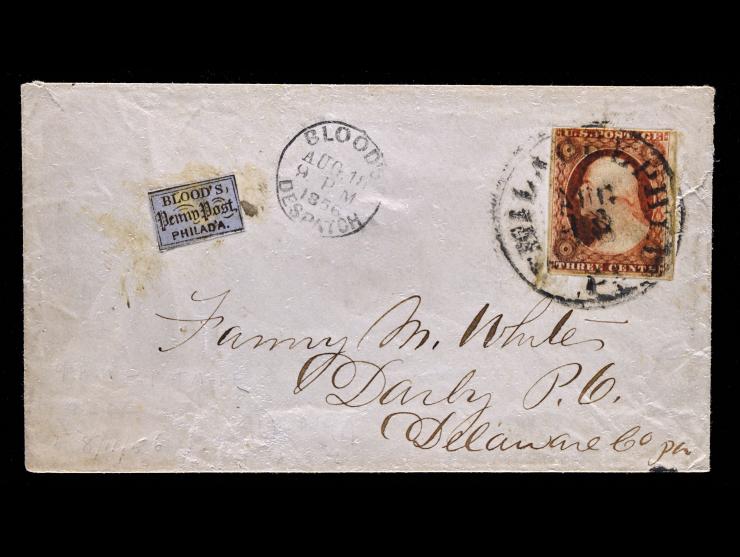 Blood's City Despatch, 1854, 1c Bronze on Lilac with #11 3c Dull Red on 1850 Local Cover