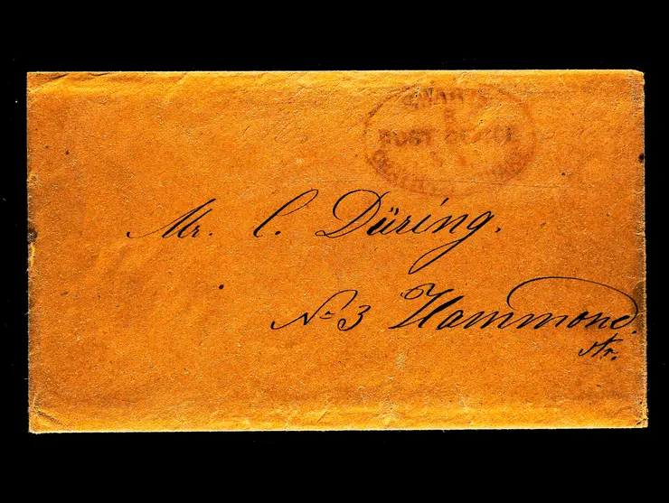 Swarts' City Dispatch Post, Red Chatham Square Oval Handstamp, on Stampless Cover with Ornate Letter