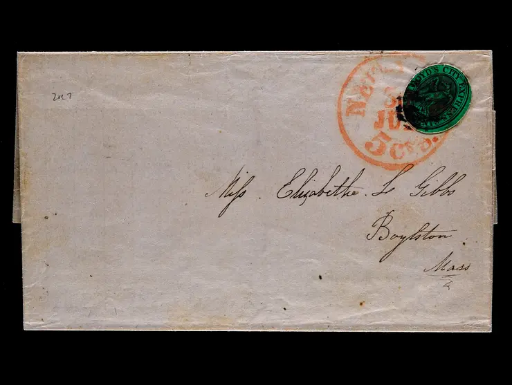 Boyd's City Express, 20L7, 2c Black on Green Glazed, Cut to Shape and Tied by New York 5 Cts Circular Datestamp on Cover
