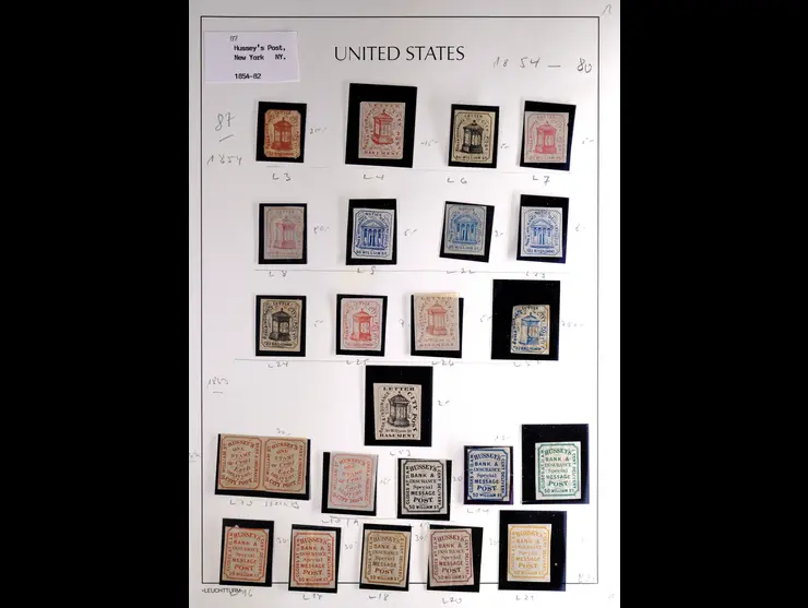 Hussey's Post, New York, Reference Collection on Four Album Pages, 1854 to 1882