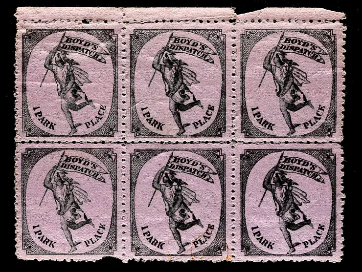 Boyd's Dispatch, 1 Park Place, Type I "Mercury Series", Black on Lavender, Block of Six, Unused