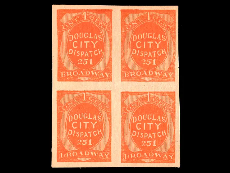 Douglas' City Despatch, 59L3a, One Cent Red, Block of Four, Unused