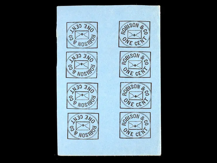 Robison & Co., Forgery A, Black on Blue, Pane of 8 Tete-Beche Pairs