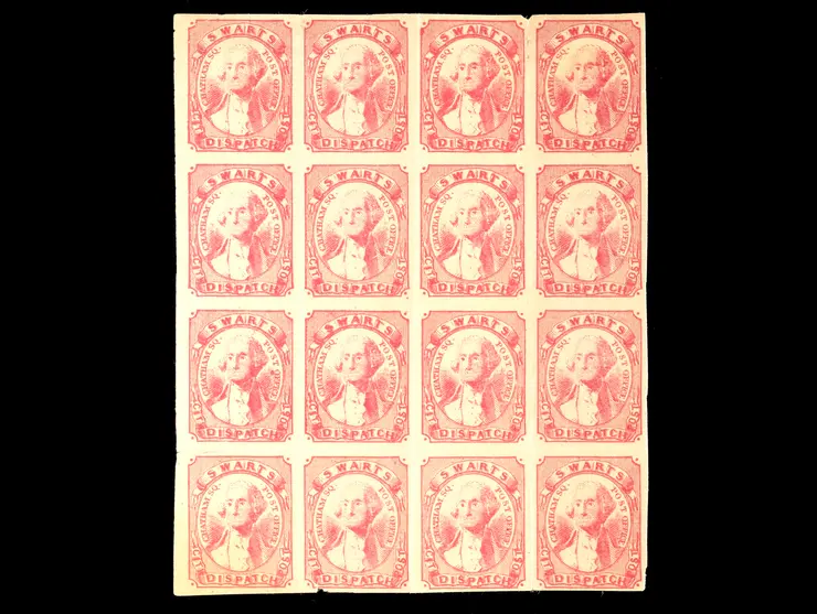 Swarts' City Dispatch Post, 136L9 Reprint 1c Red, Block of Sixteen, Unused