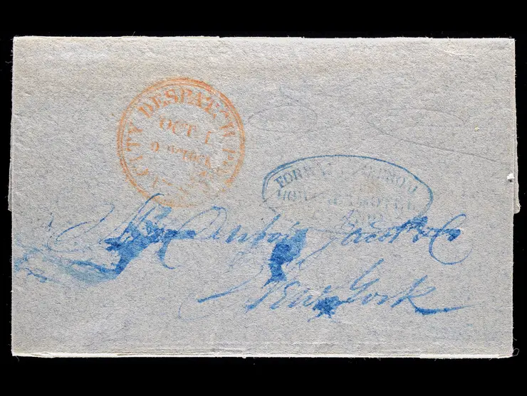 U.S. City Despatch Post, Red Circular Datestamp with Blue Howard's Hotel, New York Oval Forwarding Handstamp on 1842 Folded Letter
