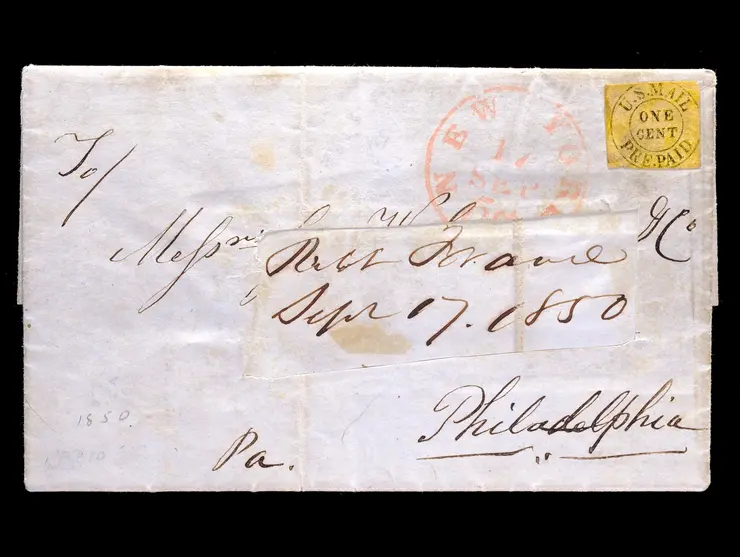 U.S. Mail, 6LB10, 1c Black on Yellow Used on 1850 from New York to Philadelphia